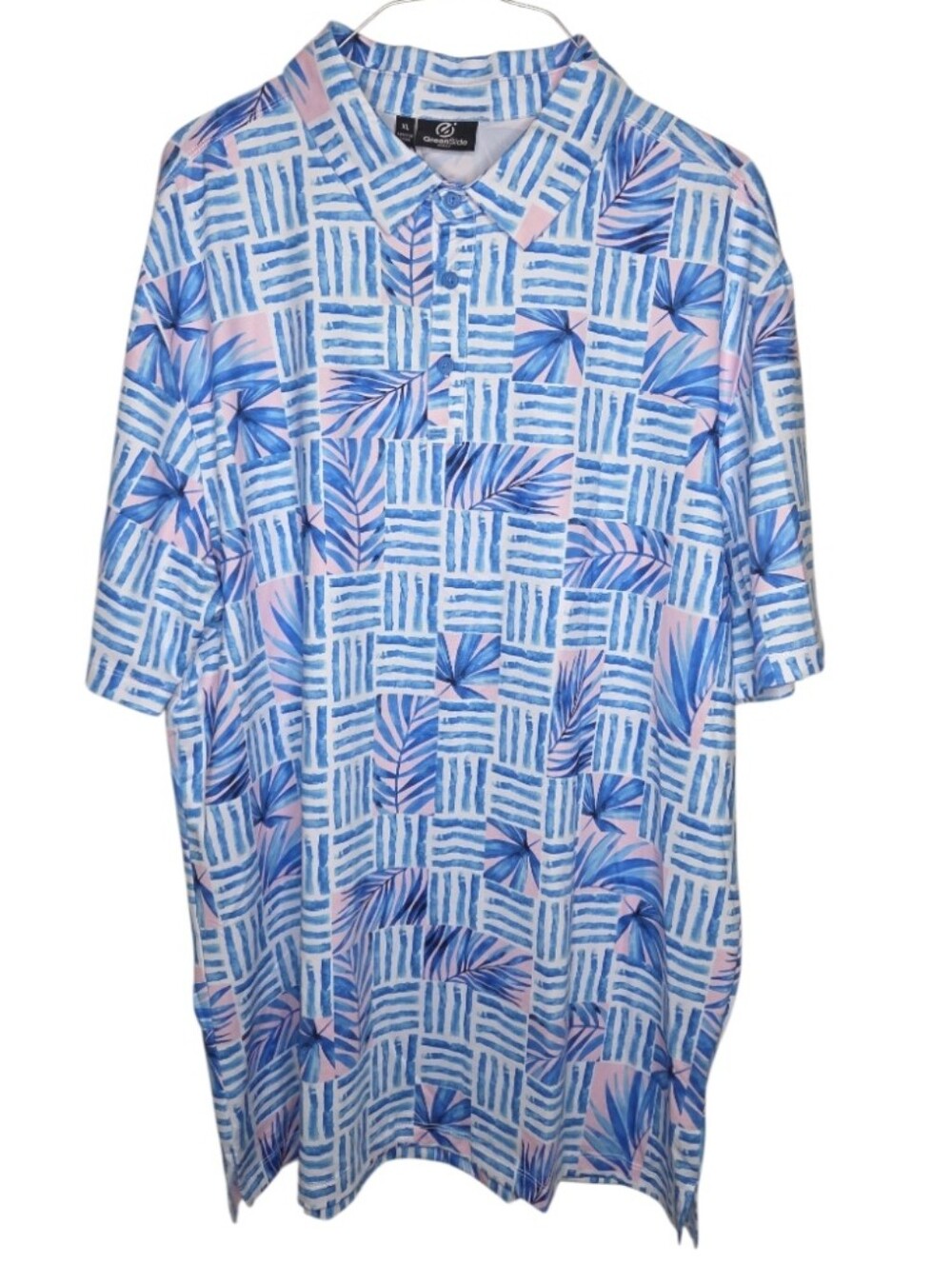 Greenside Golf Blue Pink Tropical Palm Block Print Polo Shirt Size XL NWT